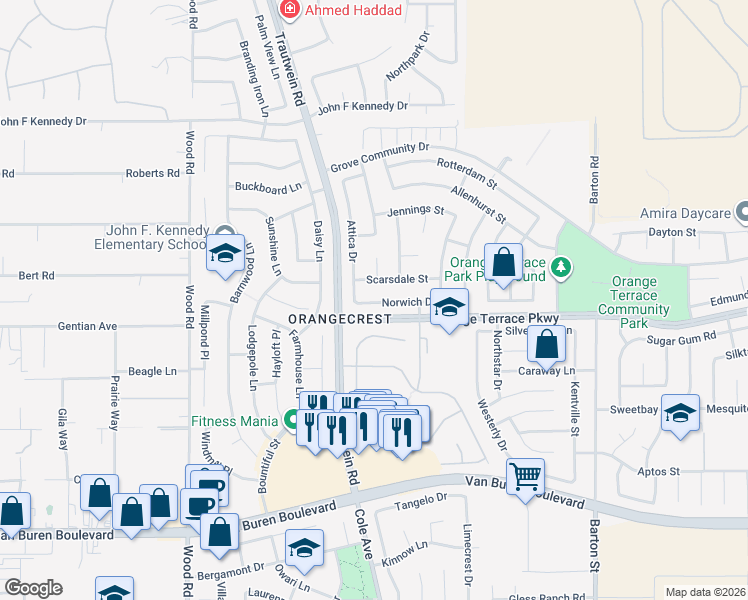 map of restaurants, bars, coffee shops, grocery stores, and more near 19338 Norwich Street in Riverside