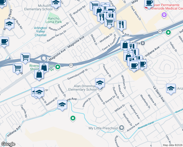 map of restaurants, bars, coffee shops, grocery stores, and more near 3566 Atchison Circle in Riverside