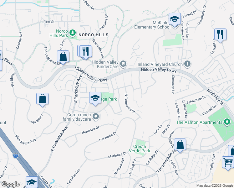 map of restaurants, bars, coffee shops, grocery stores, and more near 867 Montague Drive in Corona
