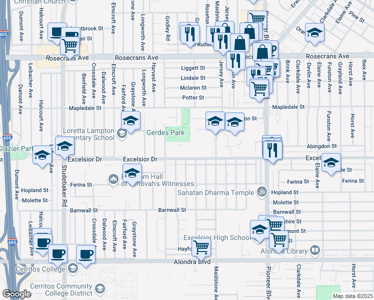 map of restaurants, bars, coffee shops, grocery stores, and more near 11463 Excelsior Drive in Norwalk