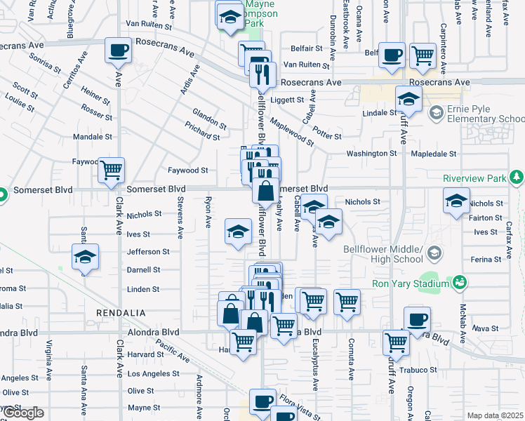 map of restaurants, bars, coffee shops, grocery stores, and more near 15138 Bellflower Boulevard in Bellflower
