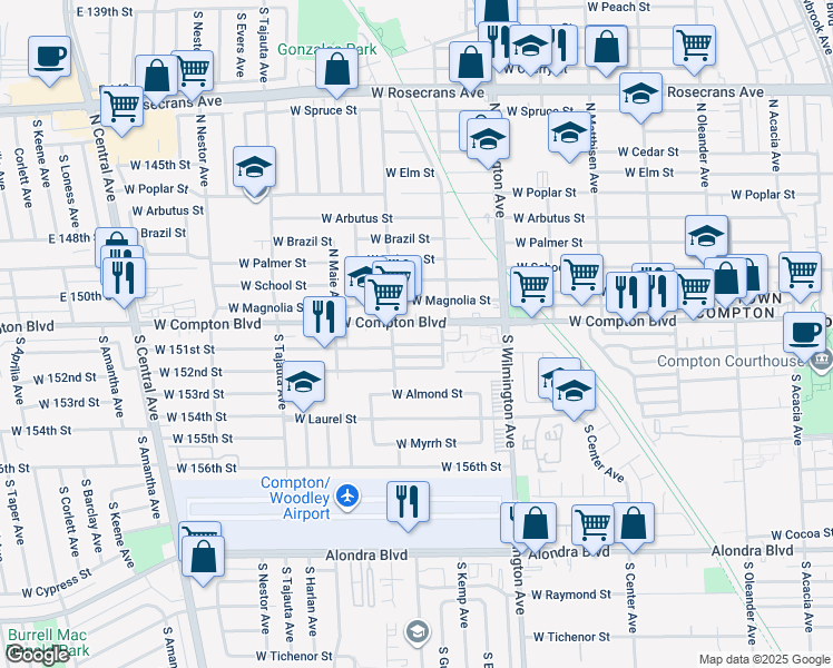 map of restaurants, bars, coffee shops, grocery stores, and more near 930 West Compton Boulevard in Compton