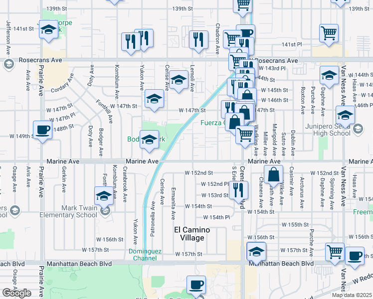 map of restaurants, bars, coffee shops, grocery stores, and more near 15505 Lemoli Avenue in Gardena