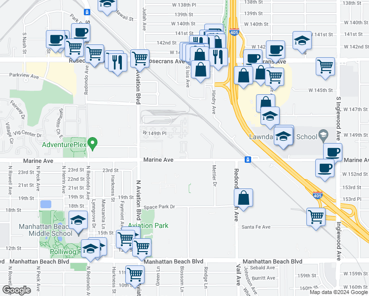 map of restaurants, bars, coffee shops, grocery stores, and more near 5469 Marine Avenue in Lawndale