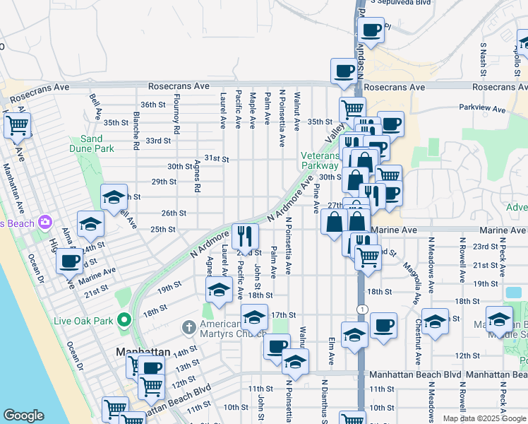 map of restaurants, bars, coffee shops, grocery stores, and more near 2500 Maple Avenue in Manhattan Beach