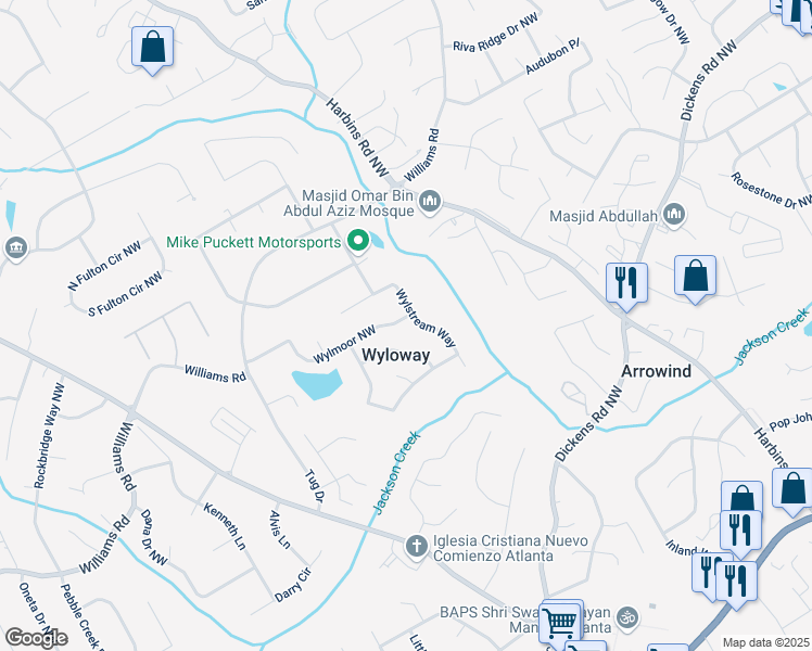 map of restaurants, bars, coffee shops, grocery stores, and more near 5444 Wylstream Way in Norcross
