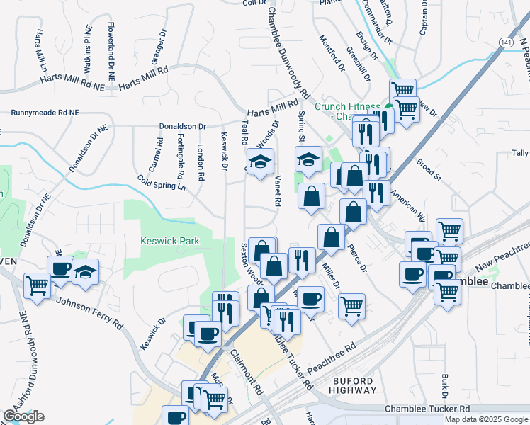 map of restaurants, bars, coffee shops, grocery stores, and more near 3554 Vanet Road in Atlanta