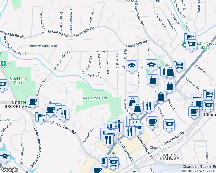 map of restaurants, bars, coffee shops, grocery stores, and more near 3567 London Road in Chamblee