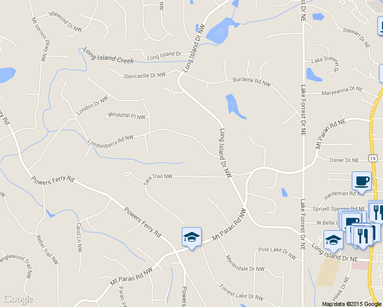 map of restaurants, bars, coffee shops, grocery stores, and more near 216 Londonberry Road Northwest in Atlanta