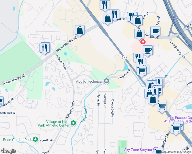 map of restaurants, bars, coffee shops, grocery stores, and more near 2200 Lake Park Drive Southeast in Smyrna