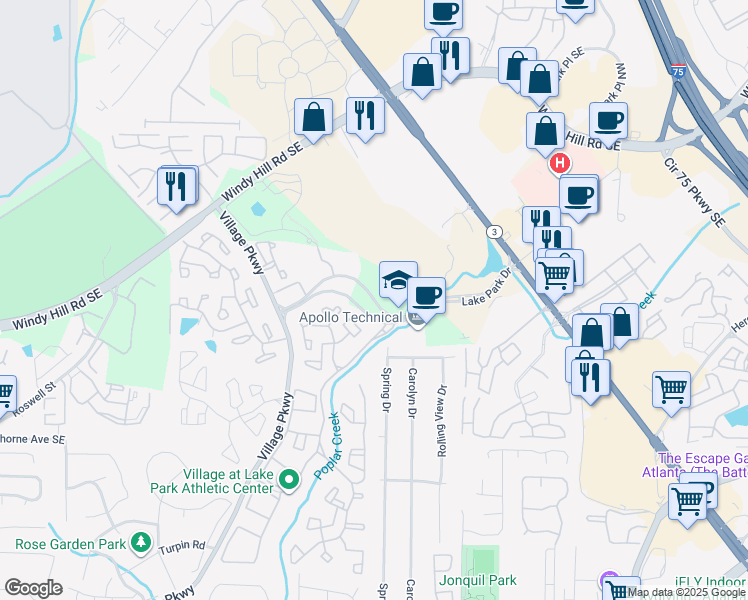 map of restaurants, bars, coffee shops, grocery stores, and more near 2200 Lake Park Drive Southeast in Smyrna
