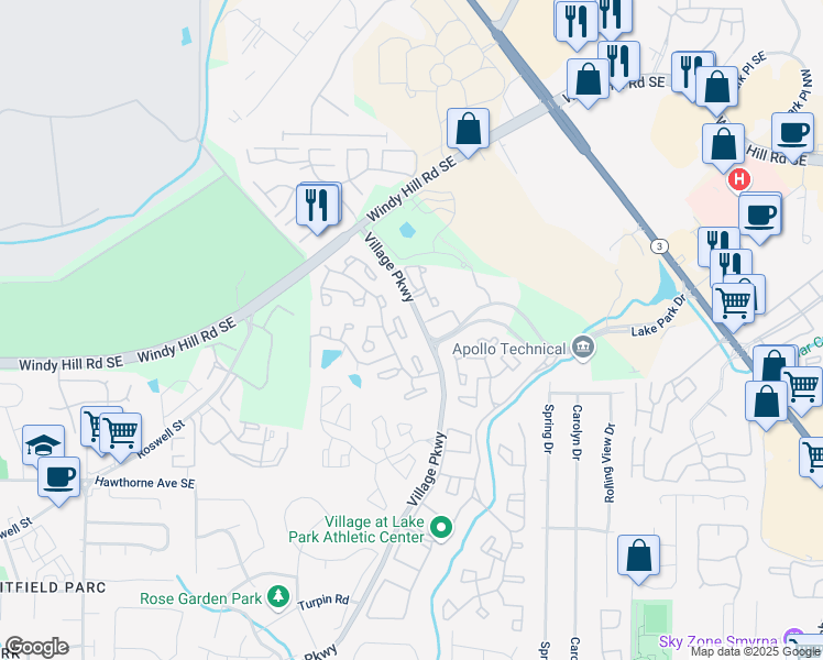 map of restaurants, bars, coffee shops, grocery stores, and more near 1800 Lake Park Drive in Smyrna