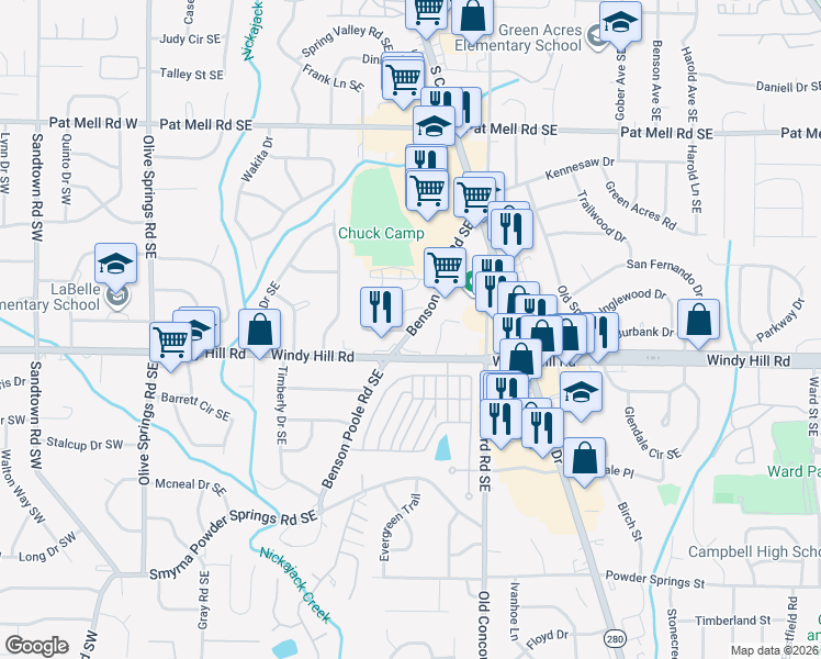 map of restaurants, bars, coffee shops, grocery stores, and more near 373 Benson Manor Circle in Smyrna