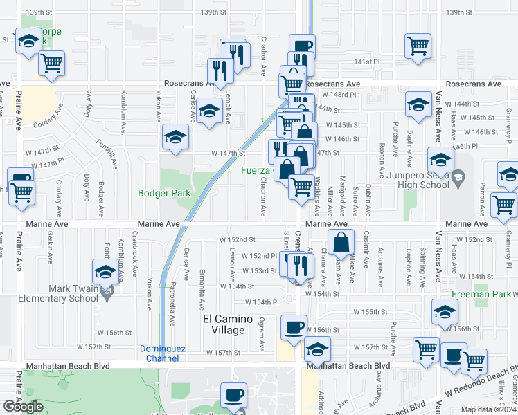 map of restaurants, bars, coffee shops, grocery stores, and more near 15001 Chadron Avenue in Gardena