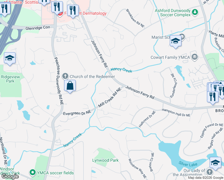 map of restaurants, bars, coffee shops, grocery stores, and more near 1054 Fielding Park Court Northeast in Atlanta