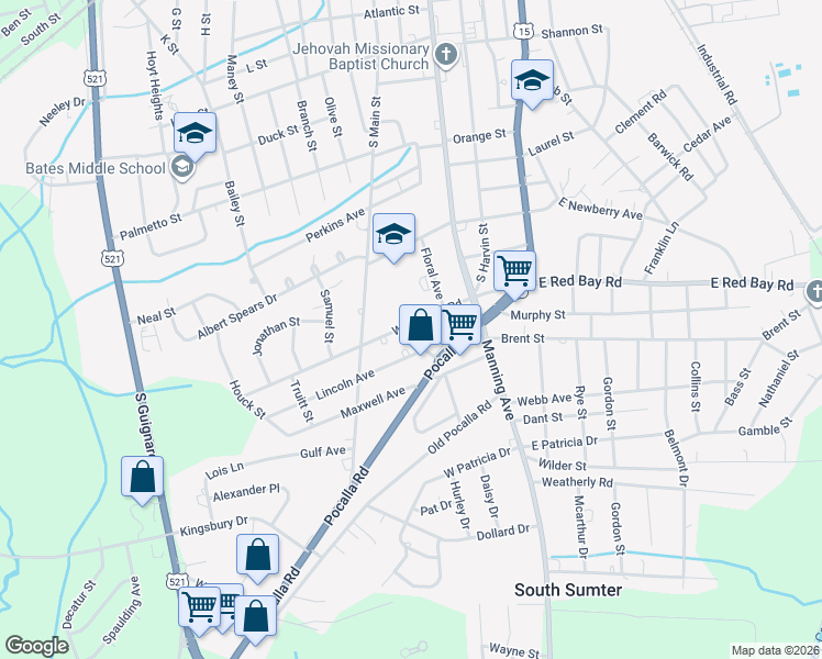 map of restaurants, bars, coffee shops, grocery stores, and more near 30 West Red Bay Road in Sumter