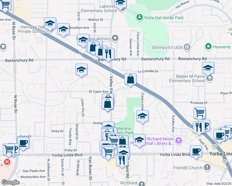 map of restaurants, bars, coffee shops, grocery stores, and more near 4556 Valley View Avenue in Yorba Linda