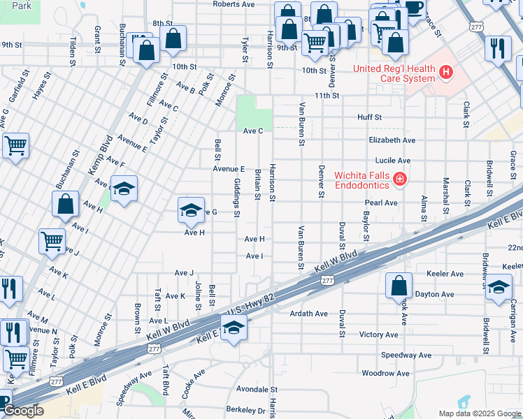 map of restaurants, bars, coffee shops, grocery stores, and more near 1609 Britain Street in Wichita Falls