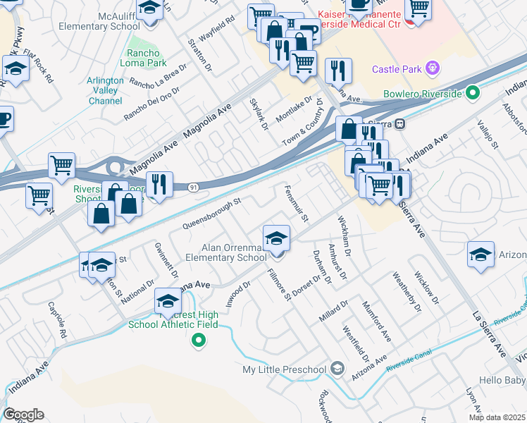 map of restaurants, bars, coffee shops, grocery stores, and more near 3566 Atchison Circle in Riverside