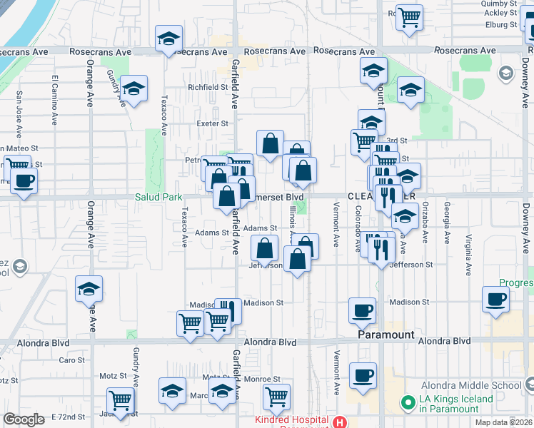 map of restaurants, bars, coffee shops, grocery stores, and more near 15129 Minnesota Avenue in Paramount