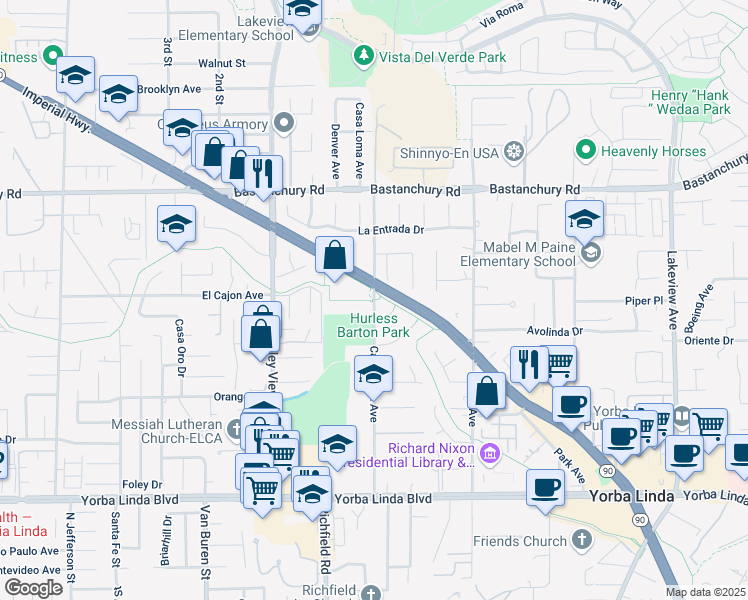 map of restaurants, bars, coffee shops, grocery stores, and more near 4531 Casa Loma Avenue in Yorba Linda