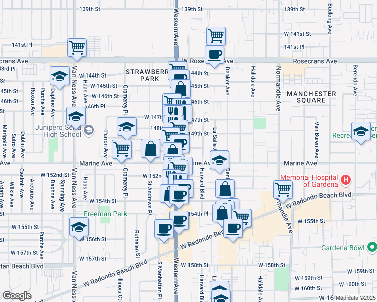 map of restaurants, bars, coffee shops, grocery stores, and more near 1734 West 150th Street in Gardena