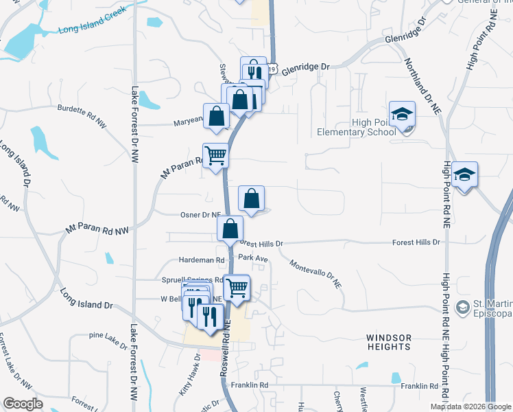 map of restaurants, bars, coffee shops, grocery stores, and more near 5157 Roswell Road in Sandy Springs