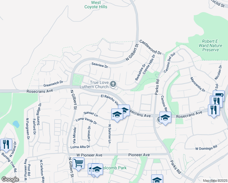 map of restaurants, bars, coffee shops, grocery stores, and more near 2024 Winterwood Drive in Fullerton