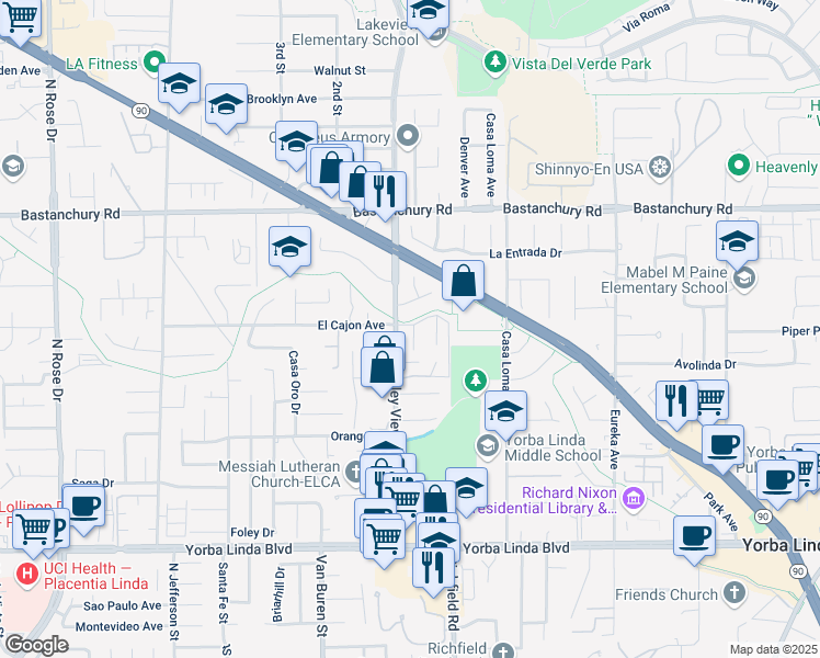 map of restaurants, bars, coffee shops, grocery stores, and more near 4514 Jamestowne in Yorba Linda