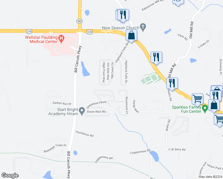 map of restaurants, bars, coffee shops, grocery stores, and more near 263 Greystone Circle in Hiram