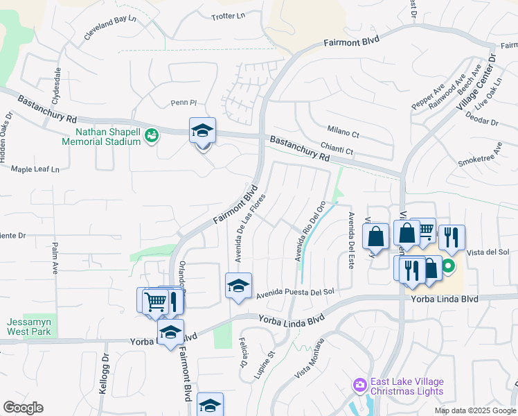 map of restaurants, bars, coffee shops, grocery stores, and more near 4446 Avenida De Las Flores in Yorba Linda