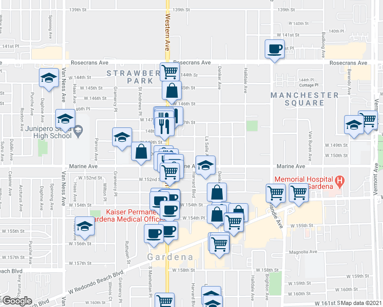 map of restaurants, bars, coffee shops, grocery stores, and more near 15003 Harvard Boulevard in Gardena