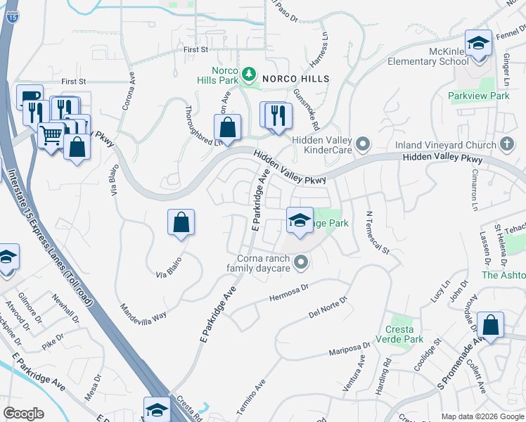map of restaurants, bars, coffee shops, grocery stores, and more near 1310 Flamingo Drive in Corona