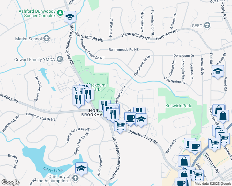 map of restaurants, bars, coffee shops, grocery stores, and more near 1538 Donaldson Park Drive in Atlanta