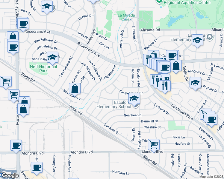 map of restaurants, bars, coffee shops, grocery stores, and more near 14915 Pemberton Drive in La Mirada