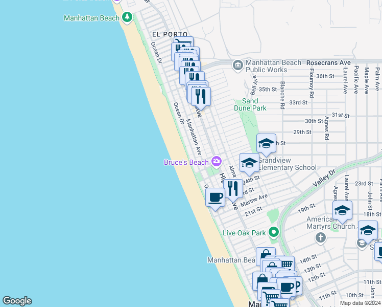 map of restaurants, bars, coffee shops, grocery stores, and more near 2900 The Strand in Manhattan Beach