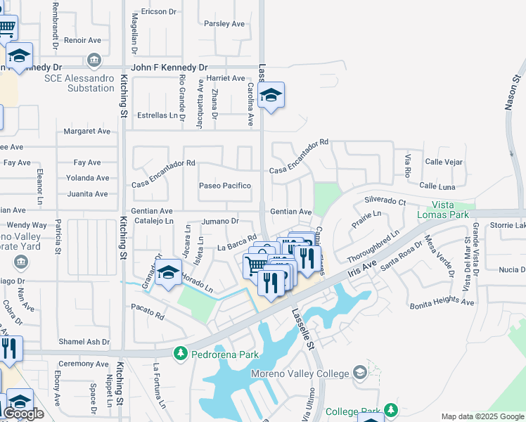 map of restaurants, bars, coffee shops, grocery stores, and more near 15660 Lasselle Street in Moreno Valley