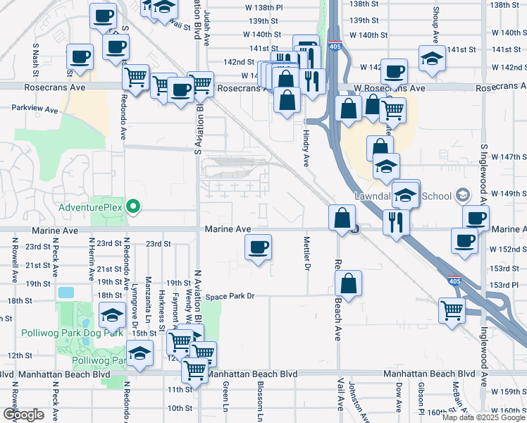 map of restaurants, bars, coffee shops, grocery stores, and more near 2 Marine Avenue in Redondo Beach