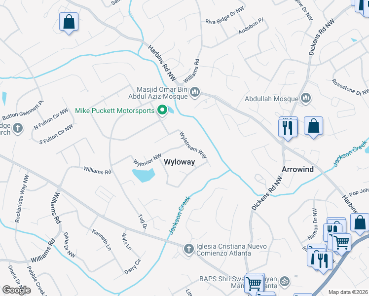 map of restaurants, bars, coffee shops, grocery stores, and more near 5444 Wylstream Way in Norcross