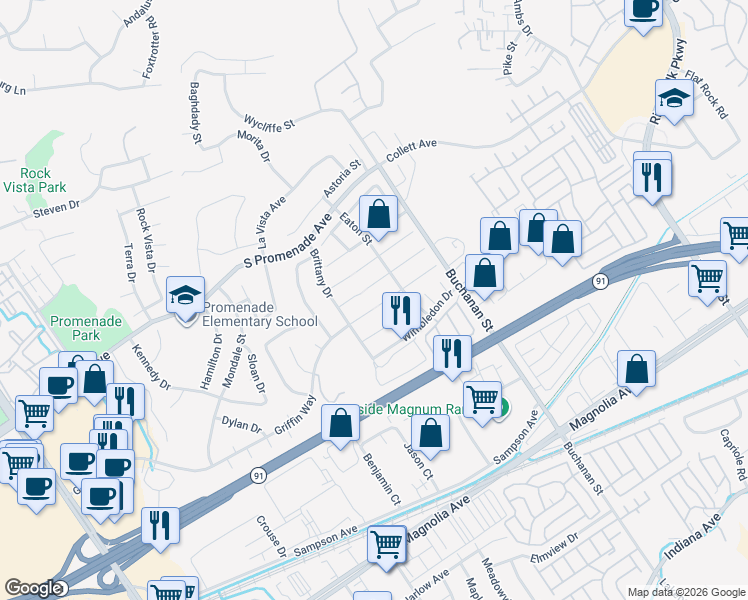 map of restaurants, bars, coffee shops, grocery stores, and more near 2951 Pembroke Circle in Corona