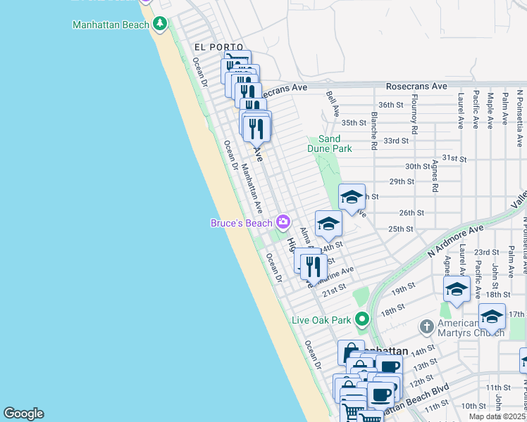 map of restaurants, bars, coffee shops, grocery stores, and more near 2816 Manhattan Avenue in Manhattan Beach