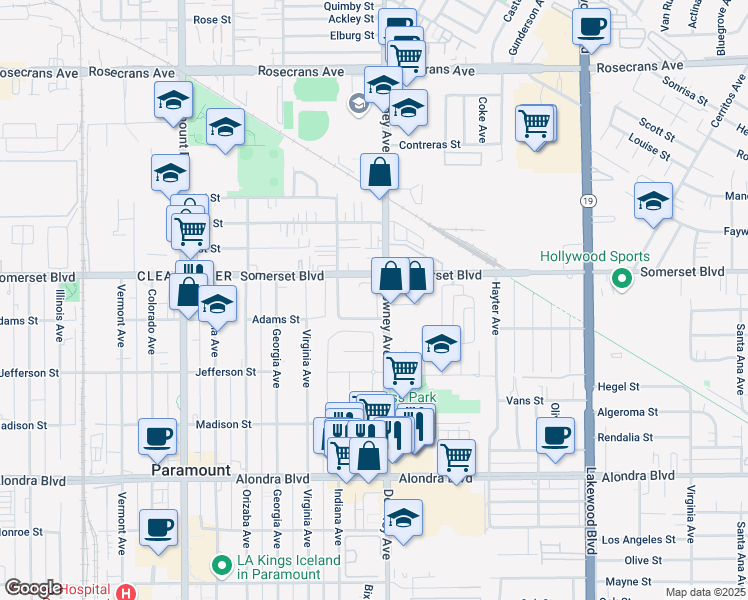 map of restaurants, bars, coffee shops, grocery stores, and more near 15111 Colony Court in Paramount