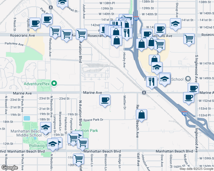 map of restaurants, bars, coffee shops, grocery stores, and more near 5469 Marine Avenue in Lawndale