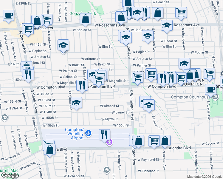 map of restaurants, bars, coffee shops, grocery stores, and more near South Gardenia Avenue in Compton