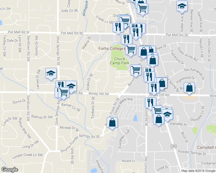 map of restaurants, bars, coffee shops, grocery stores, and more near 2363 Wynona Drive Southeast in Marietta