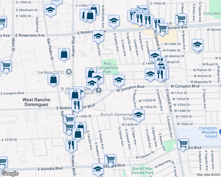 map of restaurants, bars, coffee shops, grocery stores, and more near 15031 South Clymar Avenue in Compton