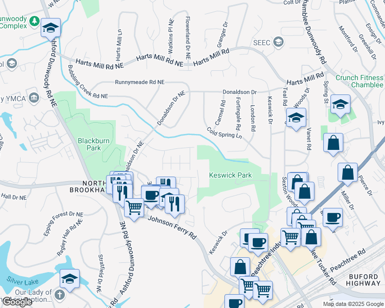 map of restaurants, bars, coffee shops, grocery stores, and more near 3633 Ashcroft Bend in Atlanta