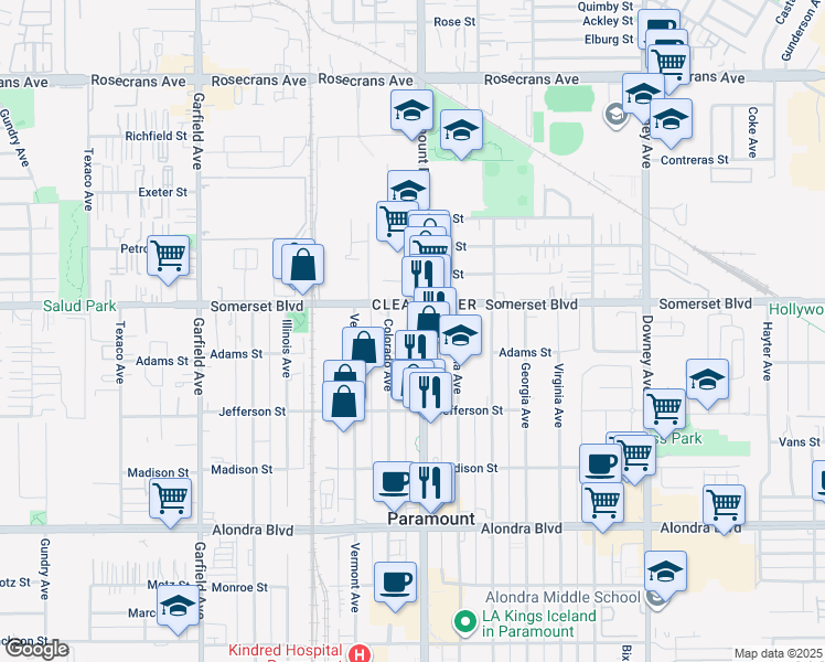 map of restaurants, bars, coffee shops, grocery stores, and more near 15129 Paramount Boulevard in Paramount