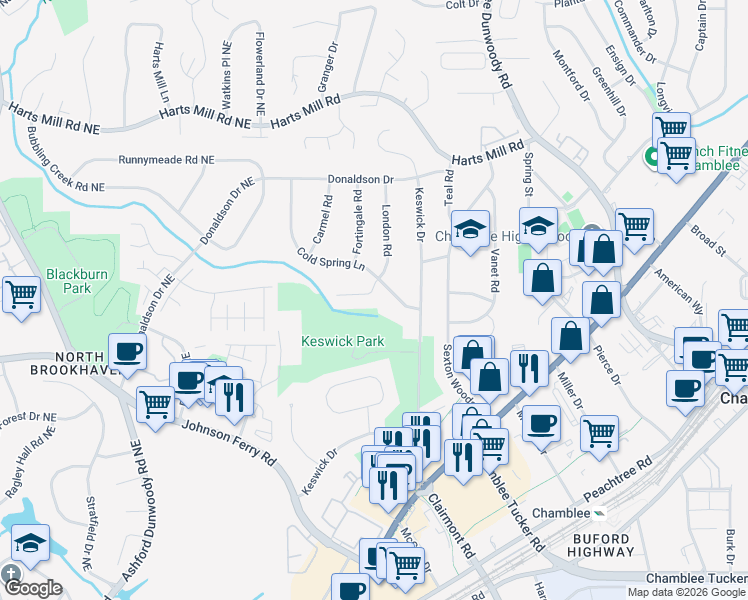 map of restaurants, bars, coffee shops, grocery stores, and more near 3567 London Rd in Chamblee
