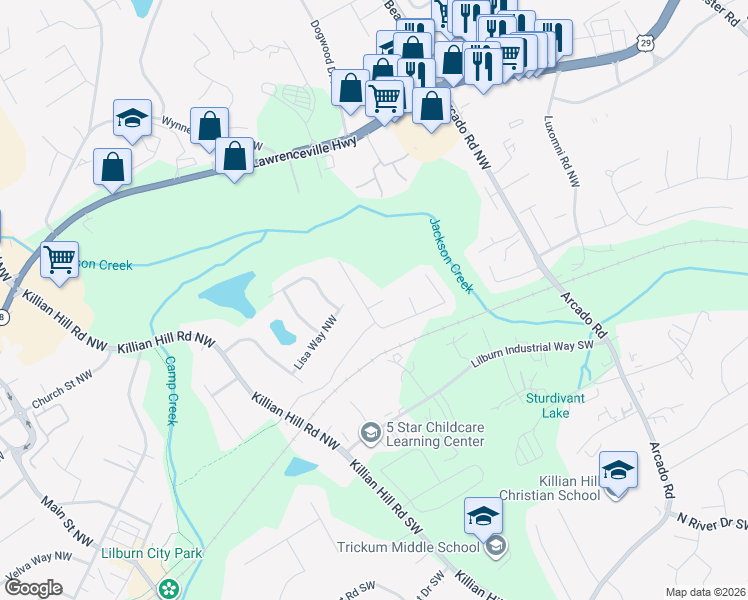 map of restaurants, bars, coffee shops, grocery stores, and more near 4371 Gina Court Northwest in Lilburn